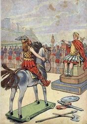 Frankrikes historie. Scene fra det romerske Gallia med leketøy: Den galliske lederen Vercingetorix (72-46 f.Kr.) går til den romerske hærføreren Julius Cæsar (100-44 f.Kr.) etter slaget ved Alesia i 52 f.Kr. I «La oss leke historie: Frankrike iscenesatt