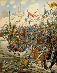 Frankrikes historie i middelalderen: Kong Ludvig XI, kalt den kloke (1423-1483), i spissen for sin hær under slaget ved Montlhéry mot Ligaen for det felles beste, 16. juli