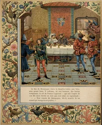 Frankrikes historie i middelalderen (middelalderen): Hertugen av Burgund Philippe Le Bon (1396-1467) har et bord med sin invitasjon delfinen Ludvig (daværende konge av Frankrike Ludvig XI kjent som den forstandige