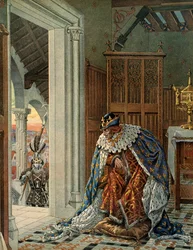 Historien til Frankrike i middelalderen (middelalderen): Kongen av Frankrike Ludvig XI sier at den forstandige (1423-1483) er redd for døden som kommer i rustning på dørstokken. Illustrasjon av Jacques Marie Gaston Onfray de Breville dit JOB (1858-1931)