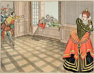 Illustrasjon fra boken “Le bon roy Henri”, illustrert av Jacques Marie Gaston Onfray de Breville dit JOB (1858-1931): Hertuginnen av Montpensier (Catherine de Lorraine