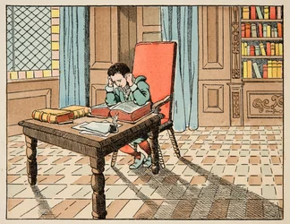 Illustrasjon hentet fra boken «Le bon roy Henri», illustrert av Jacques Marie Gaston Onfray de Breville dit JOB (1858-1931): Utdanning på 1500-tallet: forelesning av klassikere - Privat samling