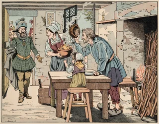 Illustrasjon hentet fra boken “Le bon roy Henri””, illustrert av Jacques Marie Gaston Onfray de Breville dit JOB (1858-1931): Henri IV i bøndene, for å spise kyllingen i gryta - Privat samling
