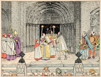 Illustrasjon hentet fra boken "Le bon roy Henri", illustrert av Jacques Marie Gaston Onfray de Breville dit JOB (1858-1931): Henri IV, Basilica Saint Denis avsier sin religion og konverterer - Privat samling
