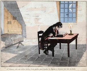 In Valencia (prison) Napoleon takes advantage of it to study the Digest and become very strong in law - Napoleon read the Digeste and strengthen his knowledge of the law - lithograph by Job (Jacques Onfroy de Breville) from “” Le Grand Napoleon des Petites