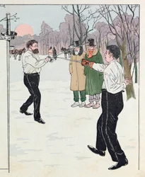 Jacques Marie Gaston Onfray de Breville kalt JOB (1858 - 1931); Illustrasjon fra boken «Les epiees de France»: En duell i 1894; Coll, Del