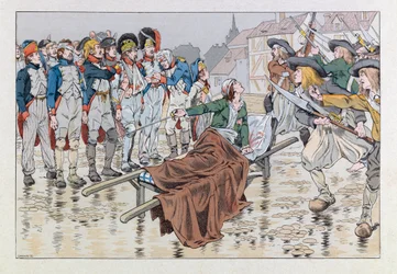 Jacques Marie Gaston Onfray de Breville var JOB (1858 - 1931); Illustrasjon fra boken «Les epees de France»: Markisen de Bonchamps dødelige sår etter slaget ved Cholet i 1793 redder republikanske fanger fra hendene til chouanene; Coll, Par