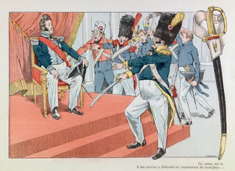 Jacques Marie Gaston Onfray de Breville var JOB (1858 - 1931); Illustrasjon hentet fra boken "" Les epees de France"": Louis Philippe (1773-1850) på tronen (Henri Monnier mottar insigniene til nasjonalgarden "" Denne sabelen er den vakreste