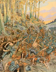 Jacques Marie Gaston Onfroy de Breville dit JOB (1858-1931) - Belgias historie: Slaget ved Aduatuca, i Vallee du Geer i 54 f.Kr., Eburonene (belgerne) massakrerte de romerske legionene av Cæsar under den galliske krigen, privat samling