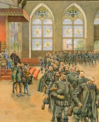 Jacques Marie Gaston Onfroy de Breville dit JOB (1858-1931) - Belgias historie: Gueux presenterer sine respektfulle protester til Marguerite de Parma (1522-1586), guvernante i Nederland under Filip II (1527-1598), i 1566, Privat samling