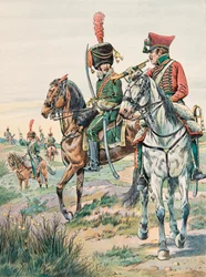 Jacques Marie Gaston Onfroy de Breville dit JOB (1858-1931) - Antrekk til de franske troppene til enhver tid: Trumpet of the Legers Horses of Arenbergf (1807), privat samling