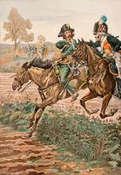 Jacques Marie Gaston Onfroy de Breville dit JOB (1858-1931) - Antrekk til de franske troppene til enhver tid: Cavalier Vendeen og piqueur (eller Piconnier) på hesten til Germanique Legion (1793), privat samling