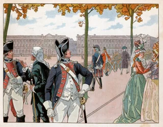 Joachim Murat (1767-1815) og Bessieres i Paris i 1791 iført drakten til kongens grunnlovsvakt. Gravering av Jacques Marie Gaston Onfray de Breville dit Job (1858-1931)
