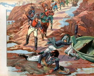 Joachim Murat (1767-1815), dechu-kongen av Napoli, tatt til fange i Pizzo i Calabria av den fiendtlige folkemengden i 1815. Gravering av Jacques Marie Gaston Onfray de Breville dit Job (1858-1931)