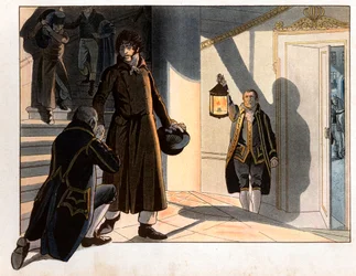 Joachim Murat (1767-1815) flyktet fra palasset sitt i Napoli natten 19. til 20. mai 1815 for å returnere til Frankrike etter hans nederlag mot østerrikerne. Gravering av Jacques Marie Gaston Onfray de Breville dit Job (1858-1931)
