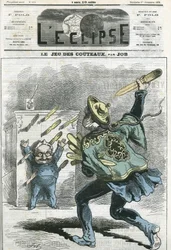 Le jeux des knives, Adolphe Thiers (1797-1877), fransk historiker og statsmann. Omslag i "" L'Eclipse"" av Job, 1. desember
