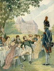 Napoleon I Bonaparte (1769-1821) under en lunsj i hagen til slottet Malmaison. Illustrasjon av Jacques Marie Gaston Onfray de Breville dit JOB (1858-1931). Privat samling
