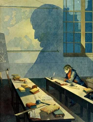 Napoleon I Bonaparte (1769-1821) studerer ved Royal Military School of Brienne (skole drevet av Minimes i Aube, Champagne Ardennes). Skyggen faller på det geografiske kartet over Europa. Illustrasjon av Jacques Marie Gaston Onfray de Breville denne JOBB