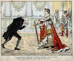 Napoleon og notar Raguideau om morgenen for kroningen, 1804 - litografi av Job (Jacques Onfroy de Bréville) fra «Le Grand Napoléon des Petits Enfants», 1893