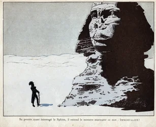 Napoleon studerer sfinksen i Egypt - litografi av Job (Jacques Onfroy de Bréville) fra «Le Grand Napoleon des Petites Enfants», 1893