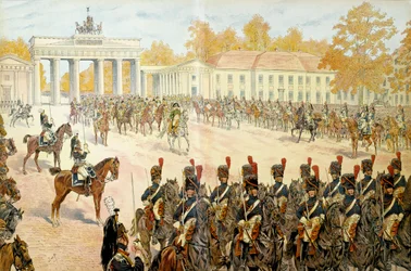 Den 27. oktober 1806 gikk Napoleon I Bonaparte (1769-1821) og hans hær inn i Berlin. I "" Napoleon"" av Georges Montorgueil. Illustrasjon av Jacques Marie Gaston Onfray de Breville dit JOB (1858-1931)