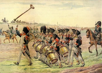 Regiment fra Napoleons hær på marsj til slaget til lyden av musikk, ca. 1900