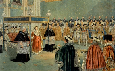 Fremstilling av kroningen av Napoleon I (1769-1821) i Notre-Dame-katedralen i Paris den 02/12/1804. Illustrasjon ved Jacques Marie Gaston Onfray de Bréville, kjent som Job (1858-1931). Privatsamling