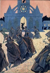 Scene fra Frankrikes historie i leker: La Saint Barthelemy (Saint-Barthélemy). En munk ringer toksinen til kirken Saint Germain l'Auxerrois for å få frem tryllekunstnerne iført lange kåper og hatter med det hvite korset (insignier fra den katolske saml