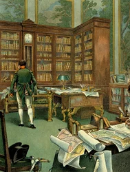 Napoleon I Bonapartes (1769-1821) arbeidskabinett i første etasje av Palais des Tuileries mens han var førstekonsul. Skrivebord med bibliotek og klokke laget av tre. Illustrasjon av Jacques Marie Gaston Onfray de Breville, kalt JOB (1858-1931).